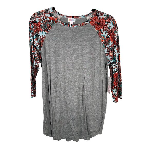 LuLaRoe RANDY Heathered Gray Orange Mandala Floral Red Raglan Tee Shirt SMALL S - Picture 1 of 6